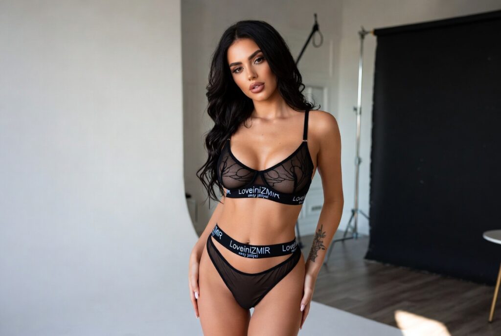 Sinematik ışıklarla stüdyoda çekilmiş iç çamaşırı konseptli kadın modeli.